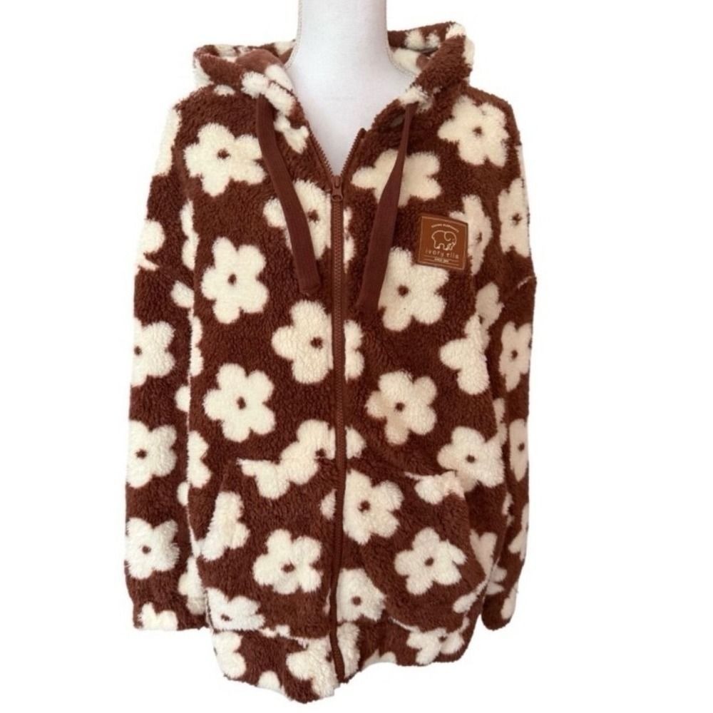 ivory ella Brown & Cream Floral Sherpa Zip-Up Hoody Jacket Women Medium NWT